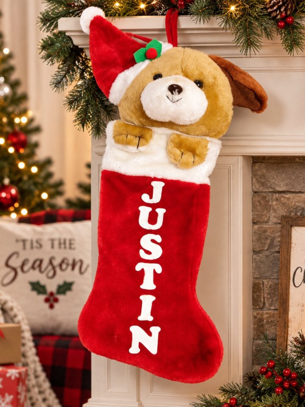 Personalized "Justin" 3D Plush Dog Santa Hat Holiday Christmas Stocking